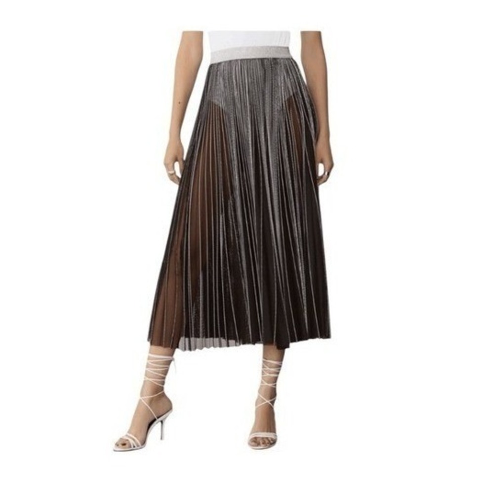 GSTQ Sun Pleated Mesh Pull-On‎ Midi Skirt Black Semi-Sheer M